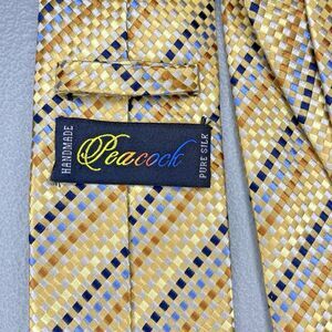 PEACOCK Tie 100% Pure Silk Hand Made Striped Square Geometric Gold Blue